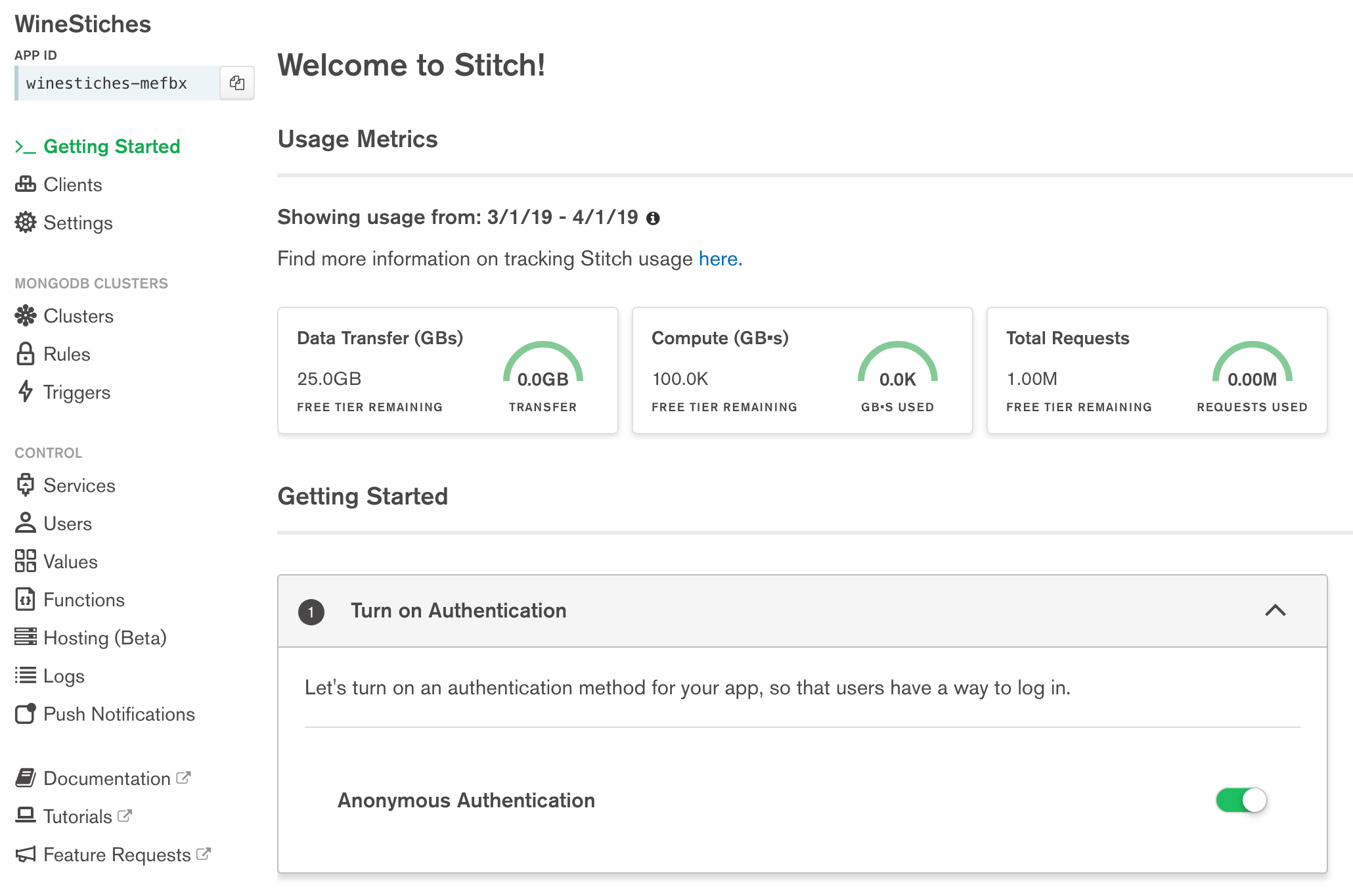 MongoDB Atlas - Stitch main page