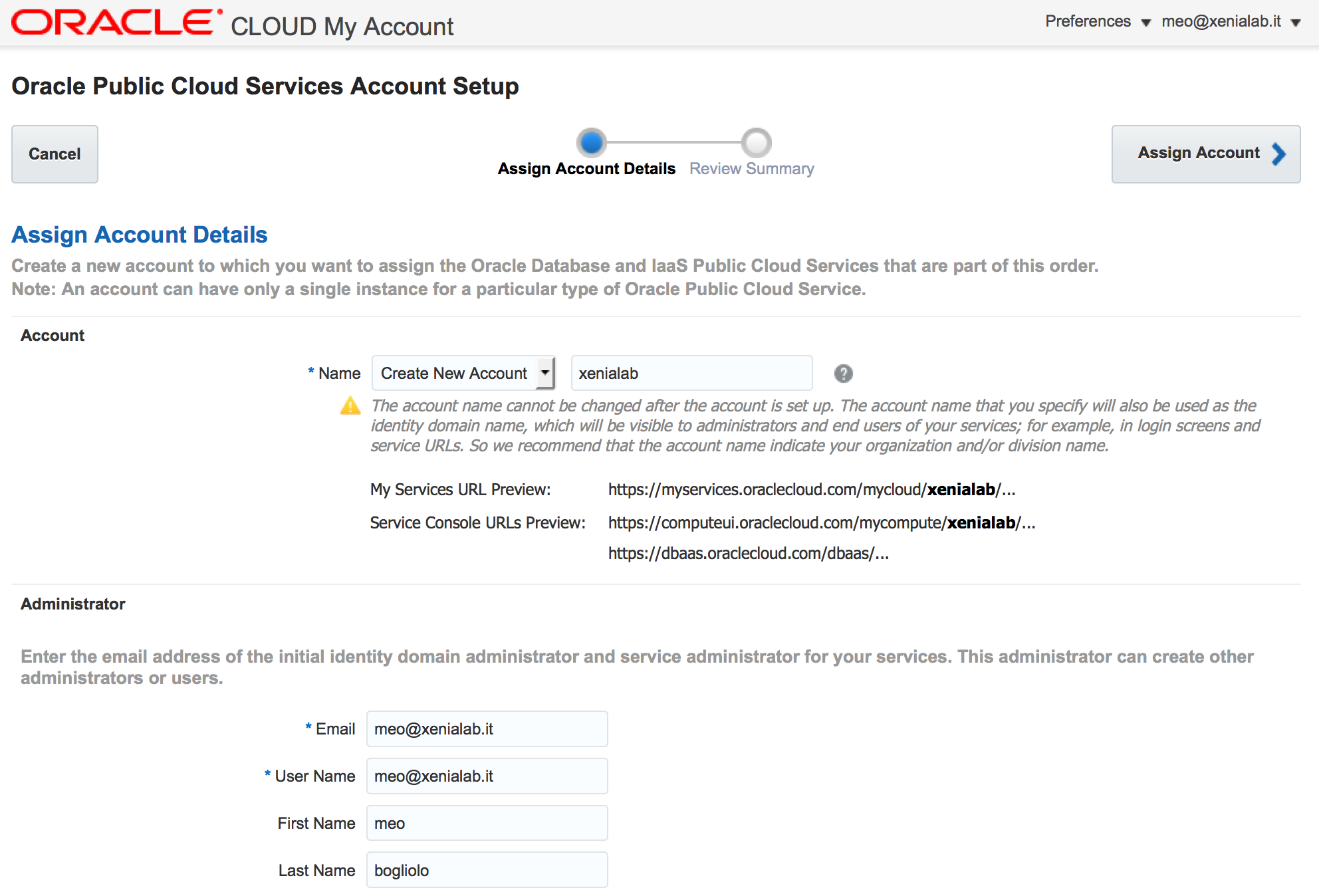 Oracle Cloud - Impostazione Account
