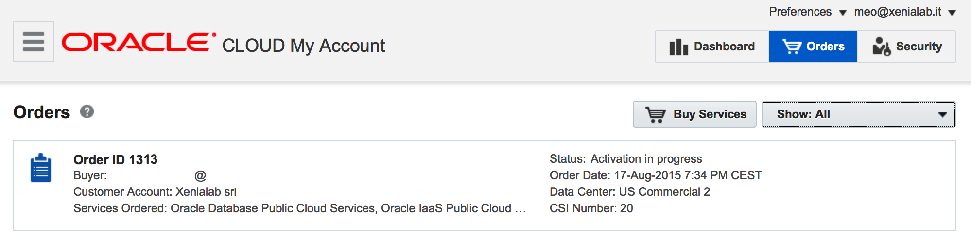 Oracle Cloud - Order: Activation in Progress