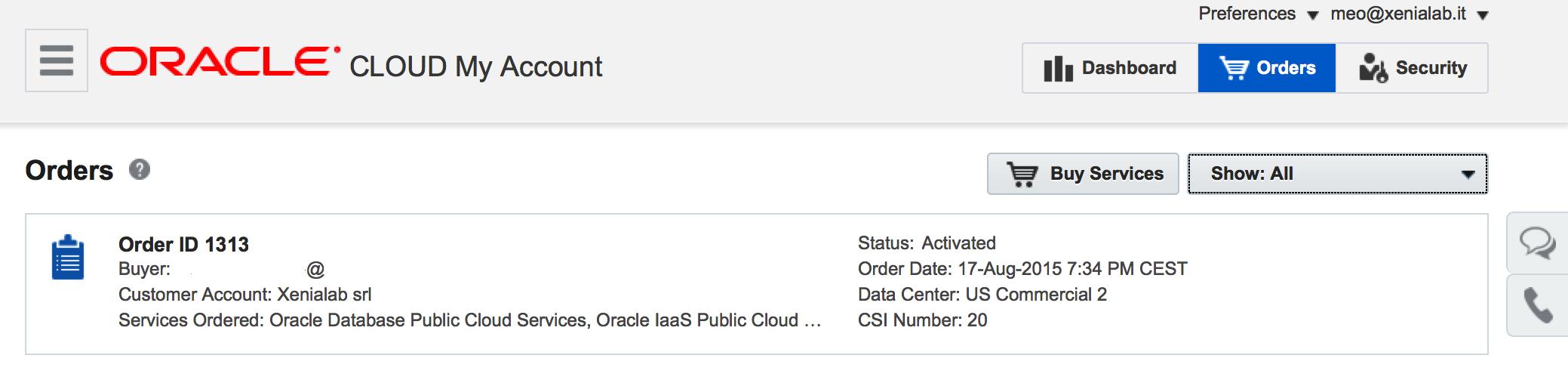 Oracle Cloud - Order: Active
