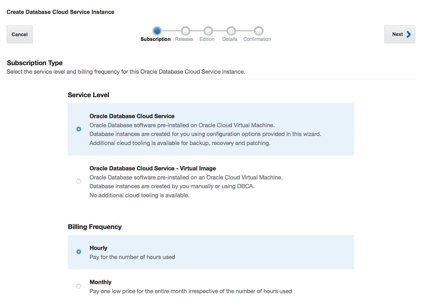 Oracle Cloud - Database Service Wizard - Subscription