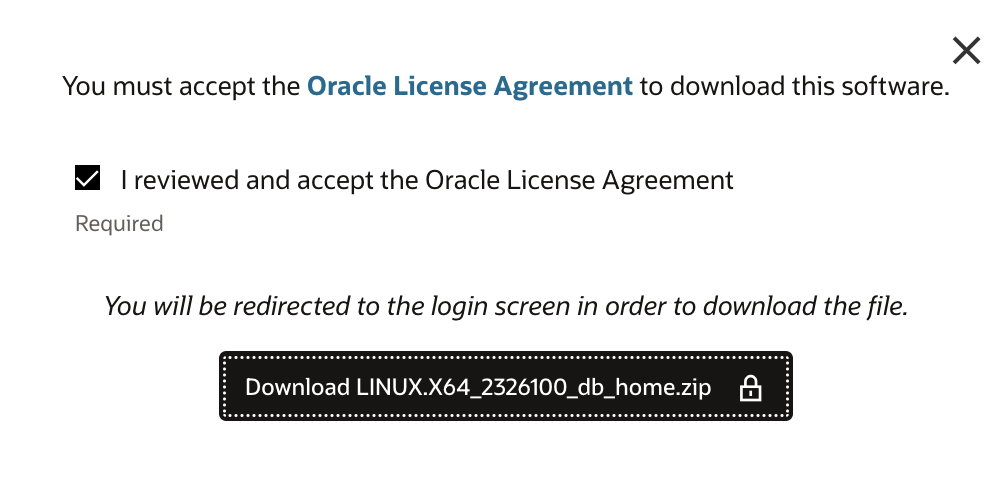 Installazione Oracle 26ai - Download: Accept Oracle License Agreement