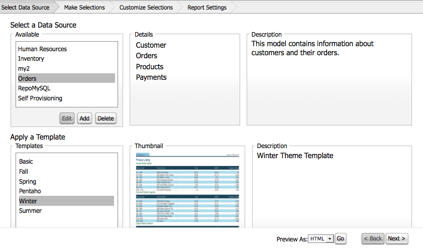 Pentaho - BI Server Report Wizard