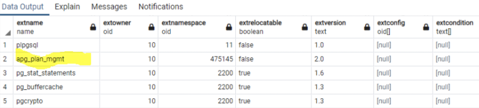 Aurora PostgreSQL QPM - Check apg_plan_mgmt in pg_extension