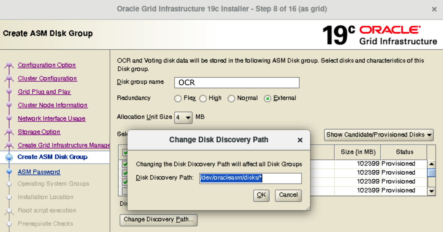 Installazione Oracle RAC 19c - Configurazione Grid: dischi ASM
