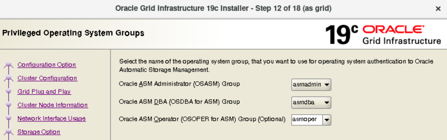 Installazione Oracle RAC 19c - Configurazione Grid: gruppi sistema operativo