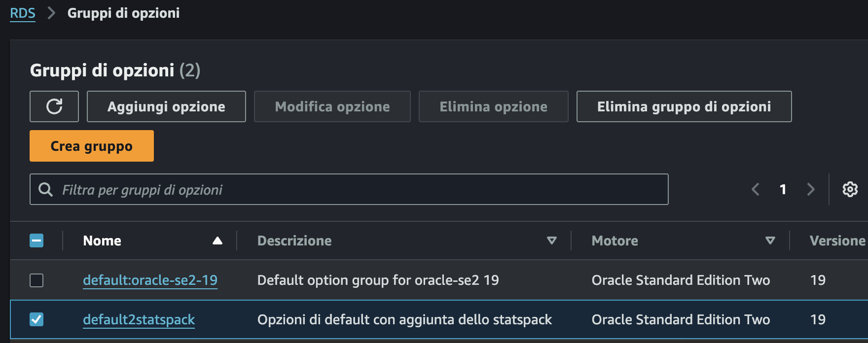 Statspack on RDS for Oracle - Create Option Group