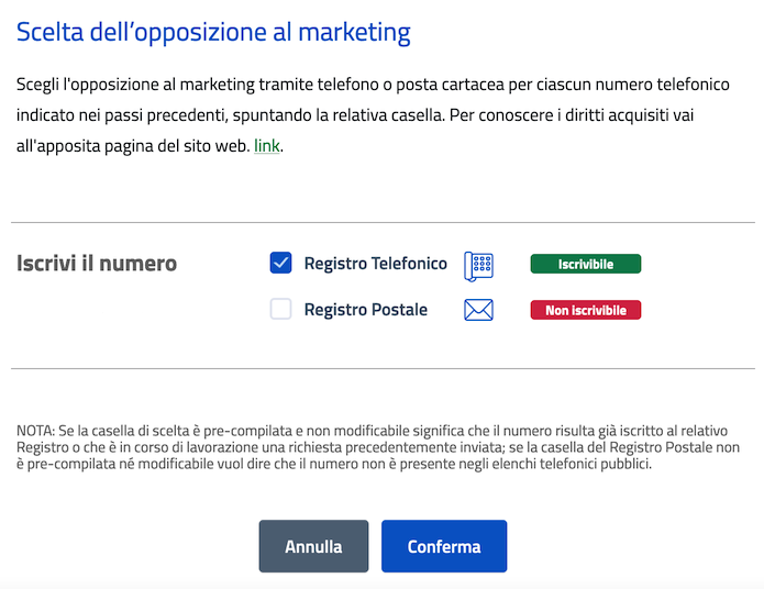 RPO (Registro pubblico delle opposizioni) - scelta elenco